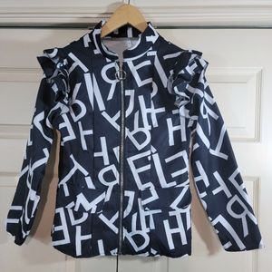 Black & White Zip-Up Top with Letters Ruffles on Shoulders